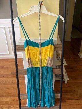Frederick's of Hollywood Teal, Yellow & Tan Colorblock Sundress